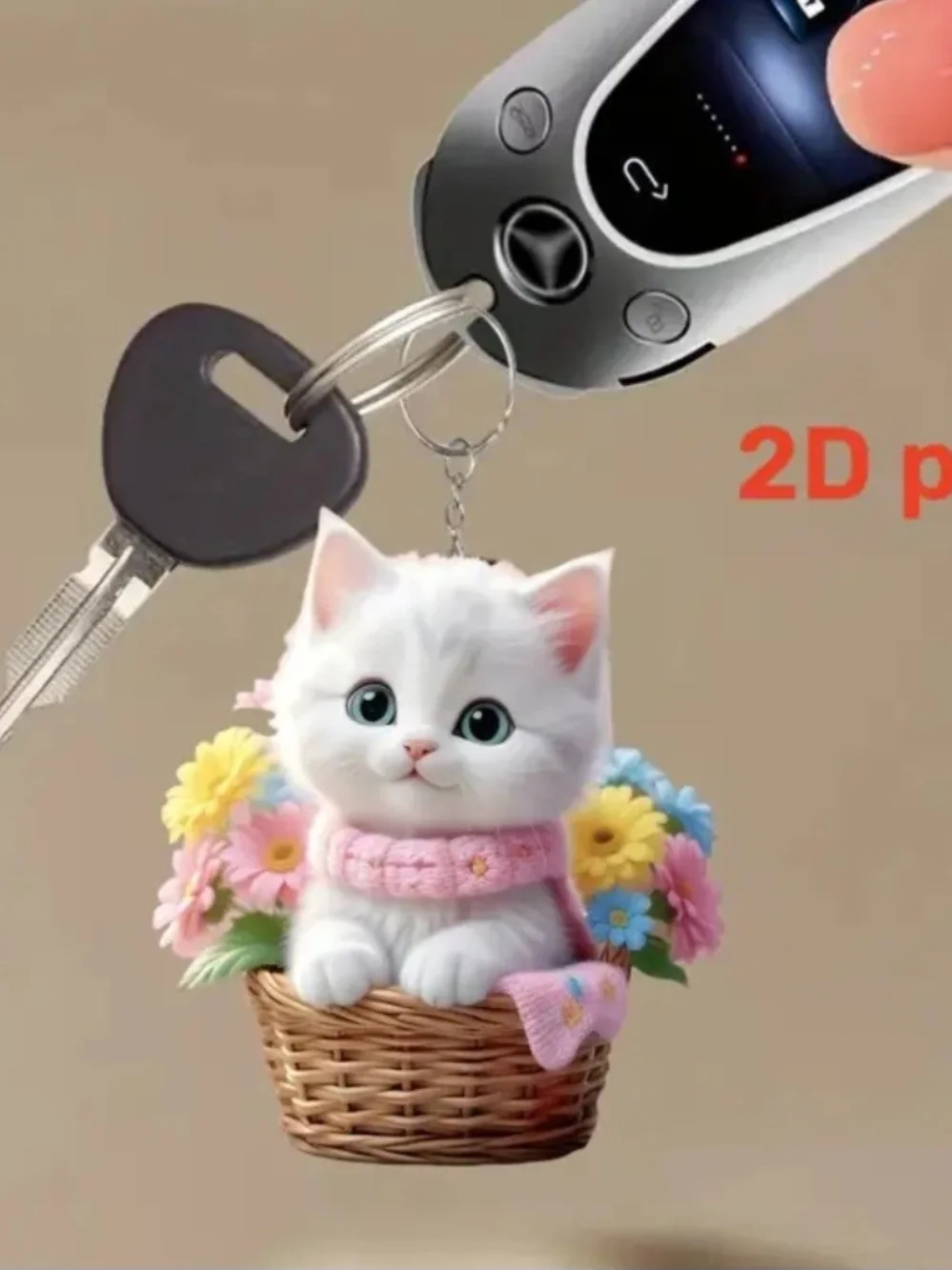 Pink-Scarf White Kitten Sticker with Floral Basket